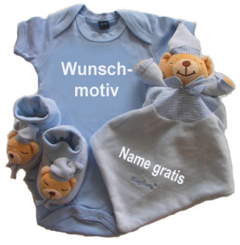 Baby Geschenkset Jungen 4 Teilig Mit Wunschmotiv Auf Babybody