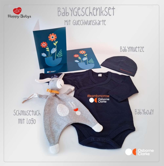 Babygeschenkset Glueckwunschkarte Body Baby geschnekset mit Logo als Mitarbeitergeschenk